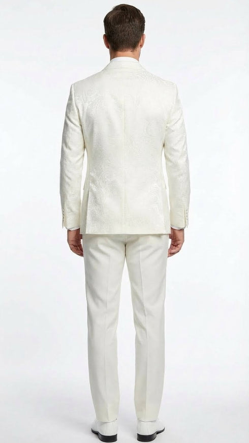 Men’s Ivory Double Breasted Tuxedo Dinner Jacket – Textured Blazer Paisley Texture Pattern in Off White Cream Color + Bowtie