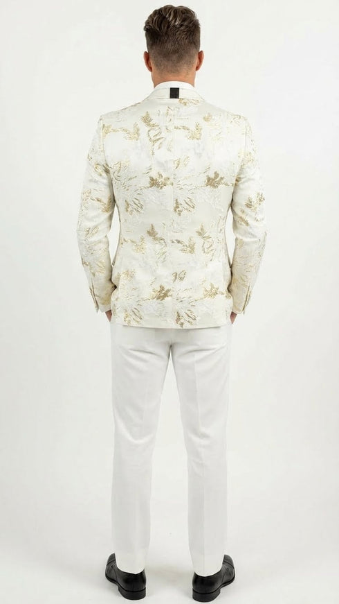 Men’s White and Gold Patterned Blazer – Paisley Floral Pattern Prom Wedding Suit Tuxedo Dinner Jacket + Bowtie