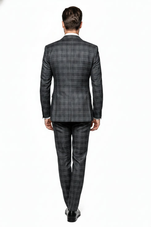 Men’s Charcoal Plaid Double-Breasted Suit –  Tailored Pants Windowpane Pattern By Rossiman
