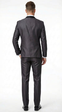 Men’s Shiny Sateen Charcoal Gray Tuxedo 3 Piece Suit with Black Shawl Lapel | Formal Wedding Prom Suit Sharkskin