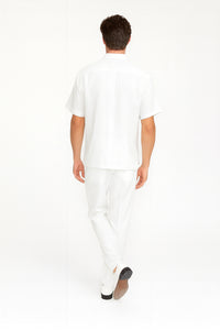Men’s Linen White Embroidered Guayabera Two-Piece Set – Short Sleeve Shirt and Pants - Summer Walking Suit
