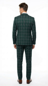 Men's Dark Green Plaid 3 Piece Suit – Checkered Suit Set for Wedding, Windowpane Tartan Fabric - Ultra Slim Fit