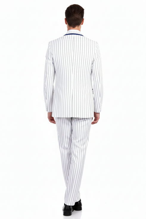 Men’s White and Royal Blue Pinstripe 3-Piece Suit – Classic Fit Blazer with Vest, Pants, and Tie