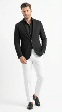 Men’s Black Seersucker Blazer – Textured Two-Button Notch Lapel Formal & Summer Sport Jacket in Black Tone-on-Tone Cotton Fabric