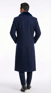 Men’s Dark Navy Blue Long Overcoat with Faux Fur Collar, Classic Winter Dress Coat for Formal