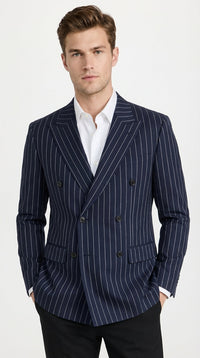 Mens Navy Blue Pinstripe Double Breasted Blazer Sport Coat – Classic Formal Business Jacket for Party and Smart Casual Wear