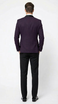 Men’s Eggplant Plum Purple Tuxedo Blazer with Satin Lapel, White Tuxedo Shirt and Matching Purple Bow Tie - Slim Fitted - Prom wedding Suit With Pants
