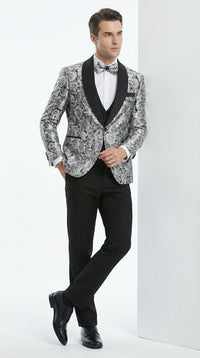 Mens Black and Silver Floral Tuxedo – Luxury Patterned Wedding, Prom and Formal Dinner Tuxedo