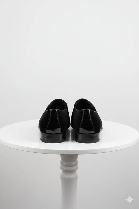 Men’s Red Glitter Tuxedo Loafers – Shiny Slip-On Dress Shoes with Black Patent Toe for Parties and Formal Events