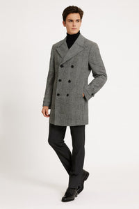 Mens Grey Plaid Double-Breasted Overcoat – Classic Wool-Blend Winter Coat