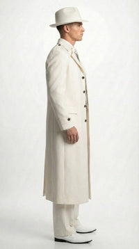 Men’s Ivory Cream Off White  Full Length Zoot Suit – Vintage Gangster Style Long Coat Formal Suit