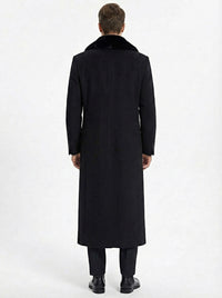 Men’s Black Long Overcoat with Faux Fur Collar, Full Length Winter Topcoat for Formal and Business Wear