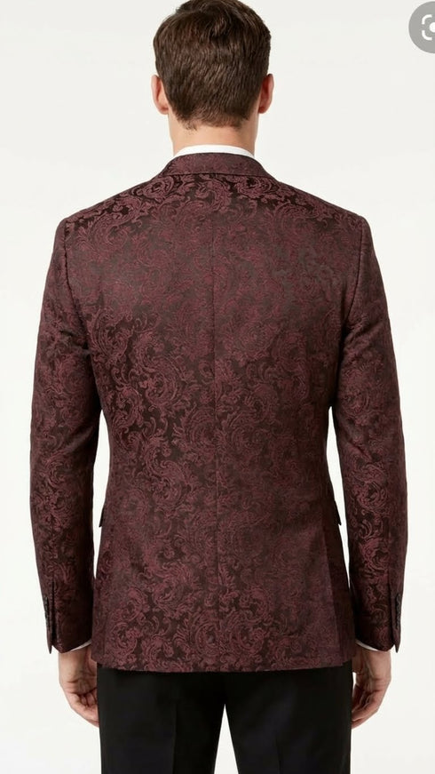 Men’s Burgundy Paisley Blazer Sport Coat – Velvet Dinner Jacket floral in Maroon Wine Color Ultra Slim Fit Smoking Jacket
