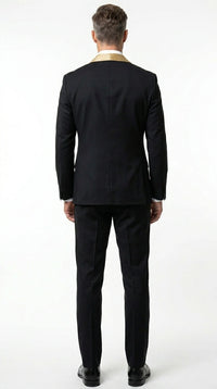 Men’s Black Suit with Gold Lapel – Luxury Formal Tuxedo Style Suit for Wedding, Prom, Party and Evening Wear