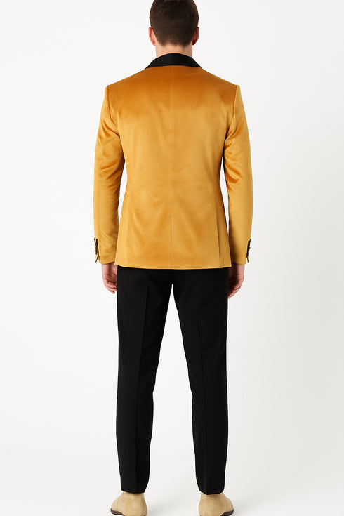 Men’s Mustard Gold Velvet Tuxedo Jacket – Slim Fit Dinner Blazer with Black Satin Shawl Lapel + Free Black Pants & Bowtie