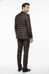 Men’s Brown Plaid Windowpane Three-Piece Suit Set – Classic Slim Fit Jacket, Double-Breasted Vest and Modern Fit Pants  By Rossiman