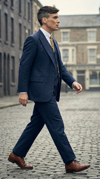 Men’s Navy Blue Pinstripe 3 Piece Suit, Thomas Shelby Inspired Vintage Formal Suit for Weddings, Parties, Prom, and Special Events