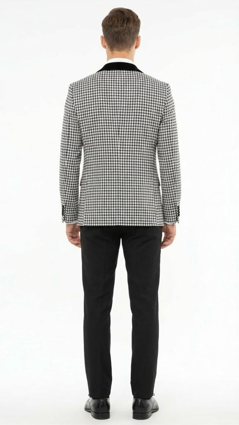 Men’s Black and White Houndstooth Tuxedo Set with Velvet Shawl Lapel | 3-Piece Formal Suit with Double-Breasted Vest