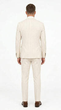 Men’s Cream Off White Pinstripe Linen Pinstripe 2 Piece Double Breasted Suit, Summer Wedding Ivory Color By Vitali