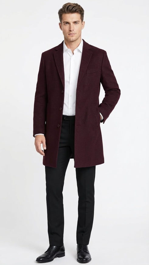 Men’s Burgundy Long Coat – Classic Fit Wool Blend Overcoat - Topcoat Full length