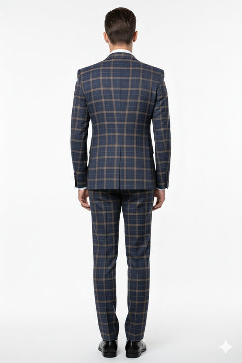 Men’s Navy and Tan Windowpane Double-Breasted Suit | Classic 2-Piece Plaid Dress Suit, Business, and Formal Events By Rossiman