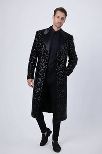 Men’s Black Sequin Long Coat with Satin Shawl Lapel – Luxury Statement Evening Overcoat