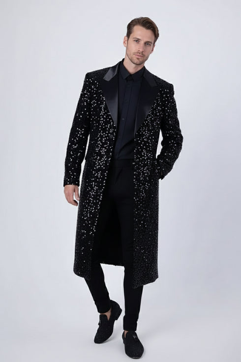 Men’s Black Sequin Long Coat with Satin Shawl Lapel – Luxury Statement Evening Overcoat