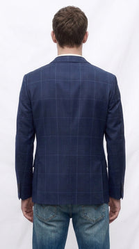 Men’s Navy Blue Plaid Wool Blazer – English Style Textured Wool Winter Sport Coat Windowpane pattern