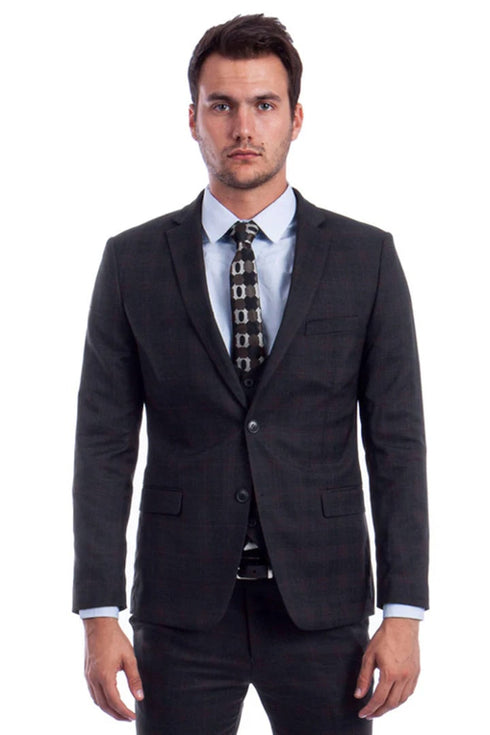 Men's Two Button Vested Skinny Fit Suit With Low Cut Vest In Black Plaid