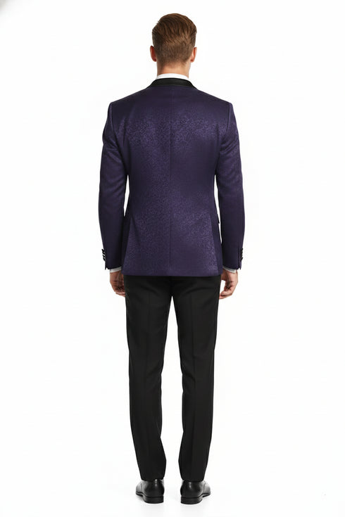 Men’s Purple Paisley Tuxedo Jacket – Ultra Slim Fit Dinner Blazer with Black Satin Peak Lapel