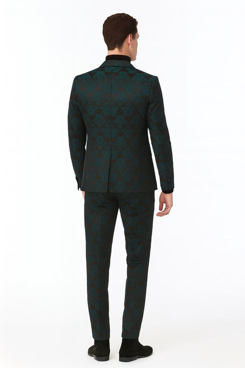 Men’s Emerald Green Floral Jacquard 3-Piece Tuxedo Suit – Slim Fit Formal Set with Blazer, Vest, and Pants Paisley Fabric - Ultra slim fitted