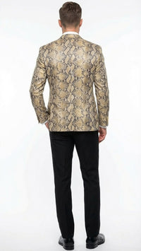 Men’s Beige and Black Snakeskin Print Blazer – Alligator Crocodile Exotic Sking Sport Coat Jacket in Tan Camel Color