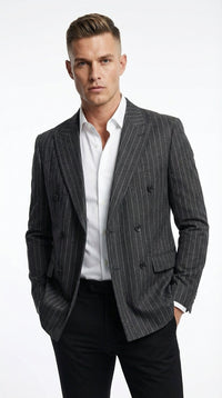 Mens Charcoal Gray Pinstripe Double Breasted Blazer Sport Coat – Classic Formal Business Jacket for Office and Smart Casual Wear