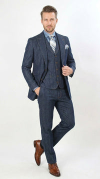 Men’s Pleated Pants Dark Blue Denim 3 Piece Suit – 100% Cotton Formal Suit Set, Blazer Vest Pants Outfit Classic Fit Athletic Fit Lose Fit