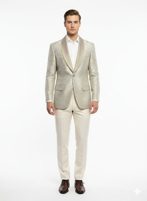 Men’s Champaign Silver and Cream Embroidered Luxury Blazer – Floral Pattern Wedding & Party Dinner Jacket in Light Tan Color