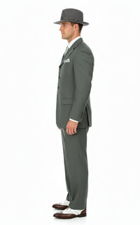 Men’s 1920s Gray Zoot Suit  – 4 Buttons  Gangster Wide Lapel Long Jacket 3-Piece Suit in Grey Color Classic Fit Pleated Pants