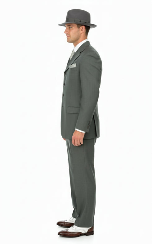 Men’s 1920s Gray Zoot Suit  – 4 Buttons  Gangster Wide Lapel Long Jacket 3-Piece Suit in Grey Color Classic Fit Pleated Pants