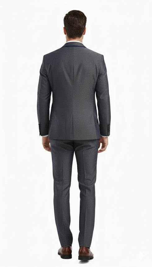 Men’s Charcoal Gray with blue Trim Slim Fit 3-Piece Suit – Modern Wedding and Business Formal Tuxedo Set