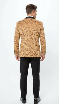 Men’s Yellow Gold Baroque Pattern Tuxedo Blazer Suit – Party and Wedding Jacket Prom Paisley Black Pants