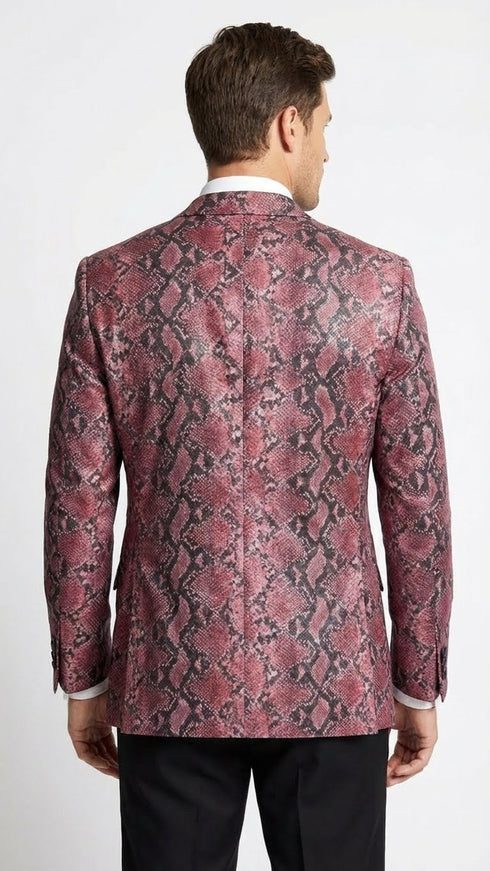 Men’s Burgundy and Black Snakeskin Print Blazer – Alligator Crocodile Sport Jacket Exotic Skin