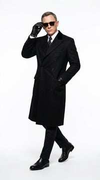 Men’s Black Double Breasted Overcoat, James Bond Inspired Long Formal Coat for Weddings, Business Events, Parties, and Winter Occasions