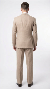 Men’s Beige tan Checkered Three Piece Suit with Classic Fit Wide Leg Pleated Pants by Rossiman khaki color