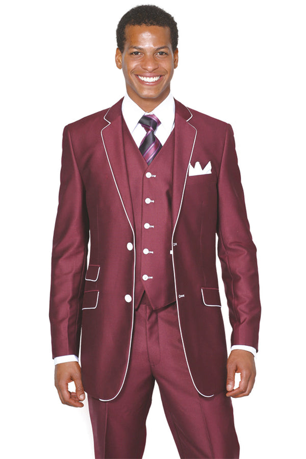 Mens 2 Button Vested Sharkskin Suit with Contrast Trim in Burgundy