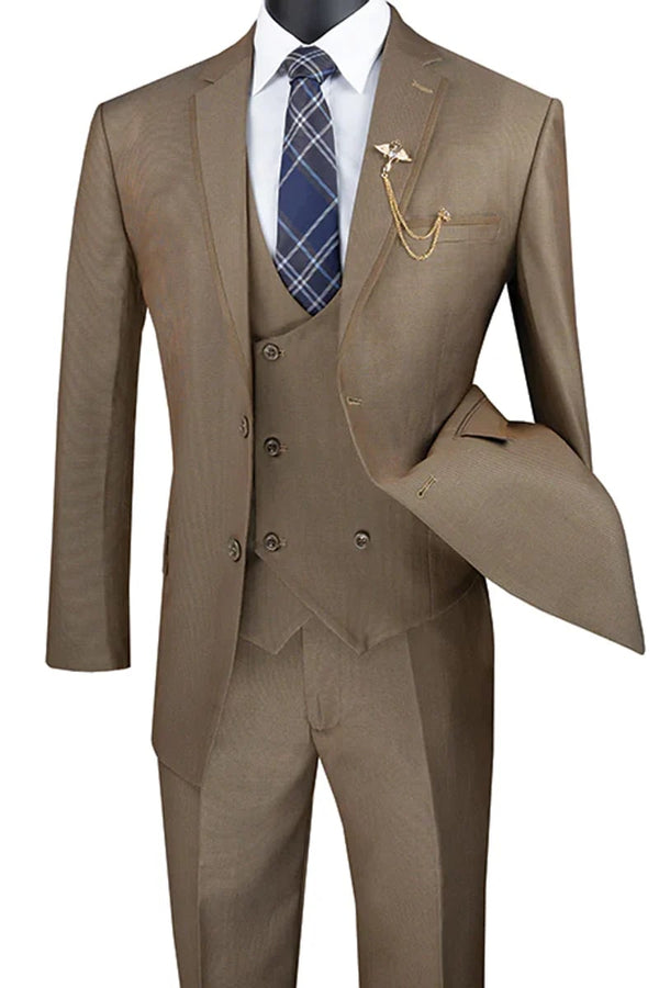 Men's Modern Fit Tuxedo Suit with Double Breasted Vest and Satin Trim in Khaki