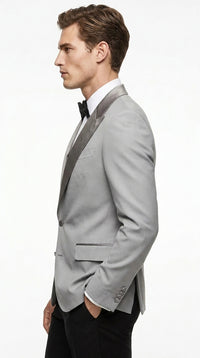 Men’s Silver Dinner Jacket – Satin Peak Lapel Tuxedo Blazer for Weddings, Prom & Formal Events in color silver grey