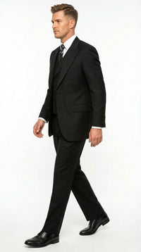Tiglio Mens Black 3 Piece Suit – Single Button Classic Fit Pleated Wide Leg Pants Formal Business Chruch Suit - 100% Wool