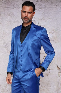 Mens 3-Piece Slim-Fit Shiny All Satin Suit Royal