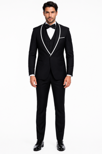 3-Piece Tailored Fit Wool Suit with Bow Tie and Flat Front Pants - Black