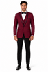3-Piece Tailored Fit Wool Suit with Bow Tie and Flat Front Pants - Burgundy