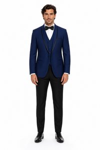3-Piece Tailored Fit Wool Suit with Bow Tie and Flat Front Pants - Navy